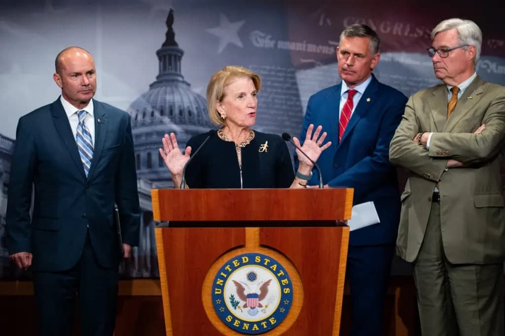 Sen. Shelley Moore Capito speaking at a podium flanked by three fellow senators at a Capitol Hill press conference